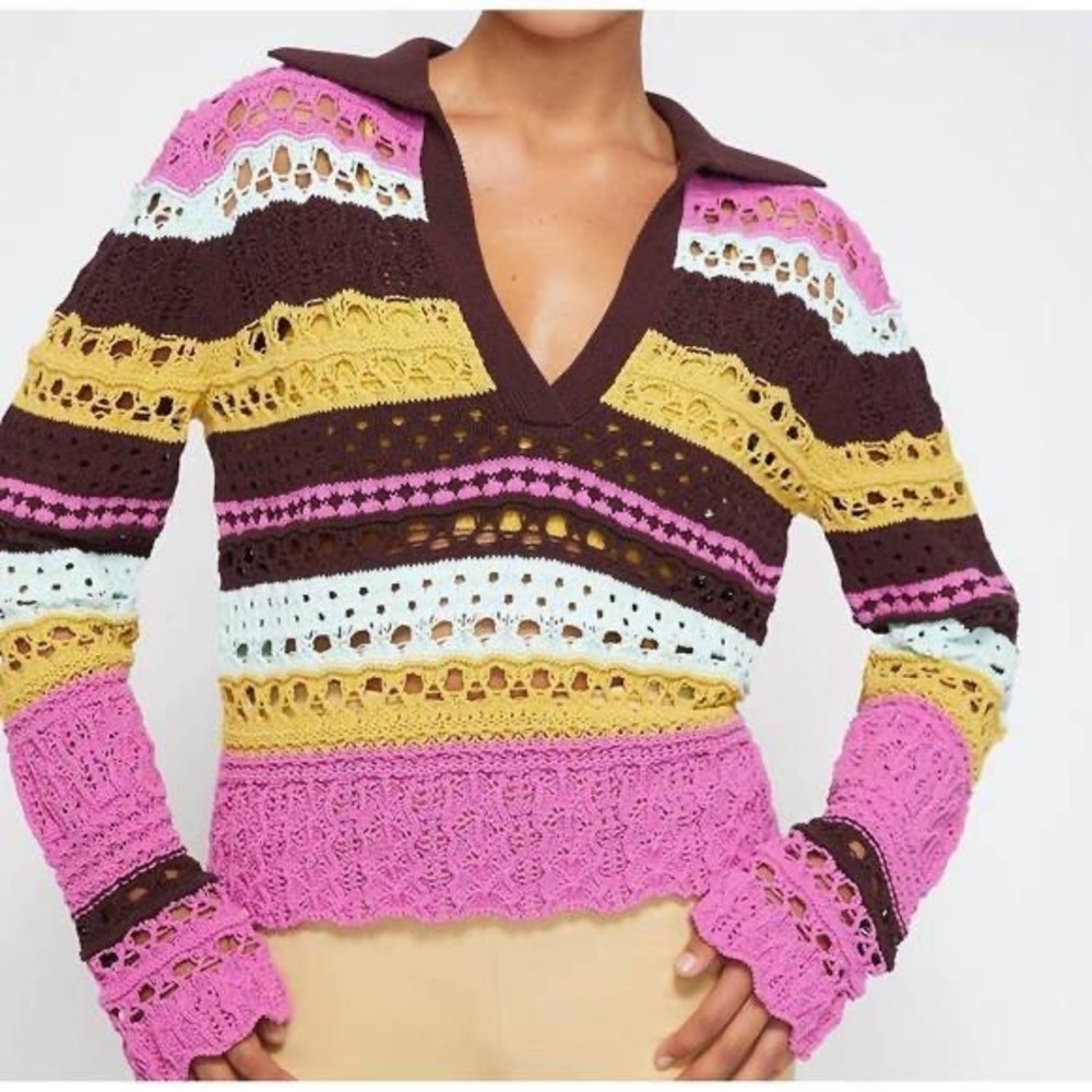 Jonathan Simkhai Roxana Macrame Polo Sweater‎ Striped Crochet Knit Top XS New